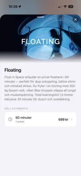 JOBBS Bokning i appen: en floatingtank hos Float in Space, 60 minuter för 699 kr