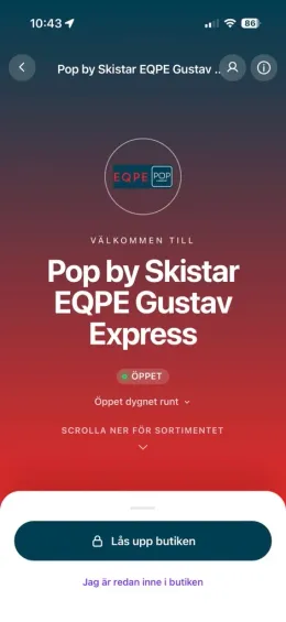 JOBBS Handel i appen: Pop by SkiStar, öppet dygnet runt, knappen Lås upp butiken