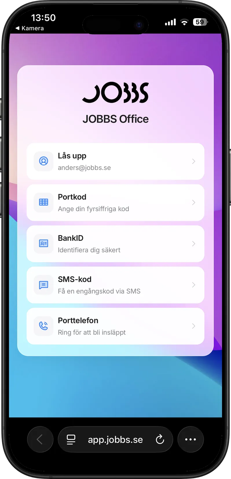 The Jobbs app: ways to get in at the entrance, including intercom, BankID and door code