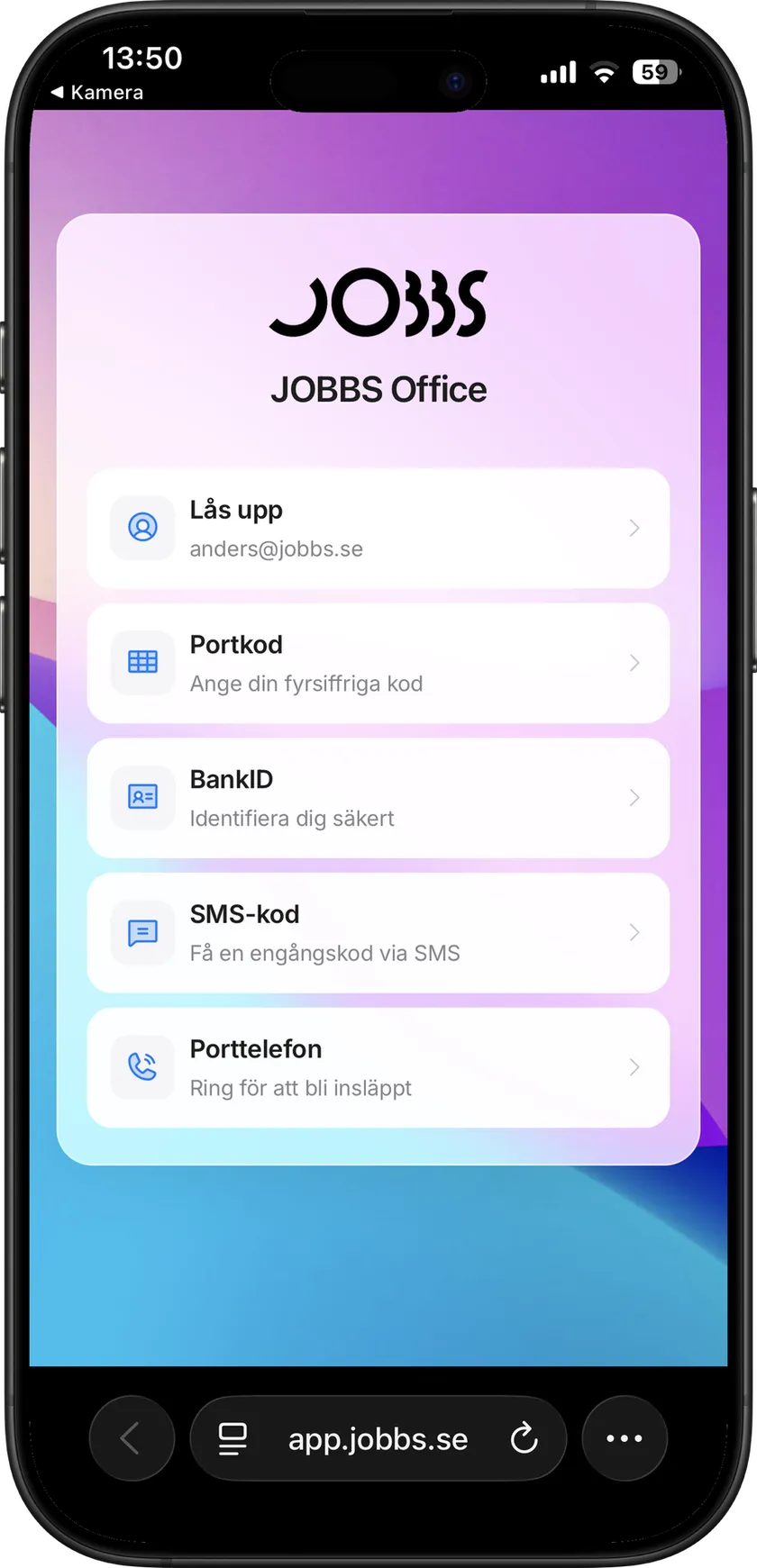 The Jobbs app: choose how to get in — BankID, code, SMS or intercom