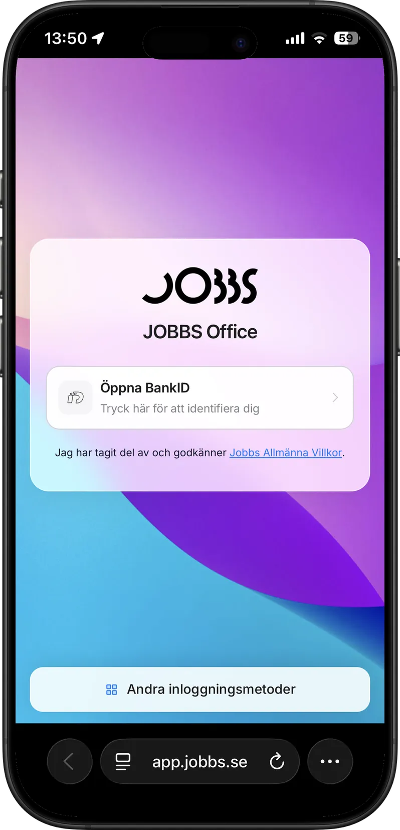 The Jobbs app: open BankID to verify and unlock