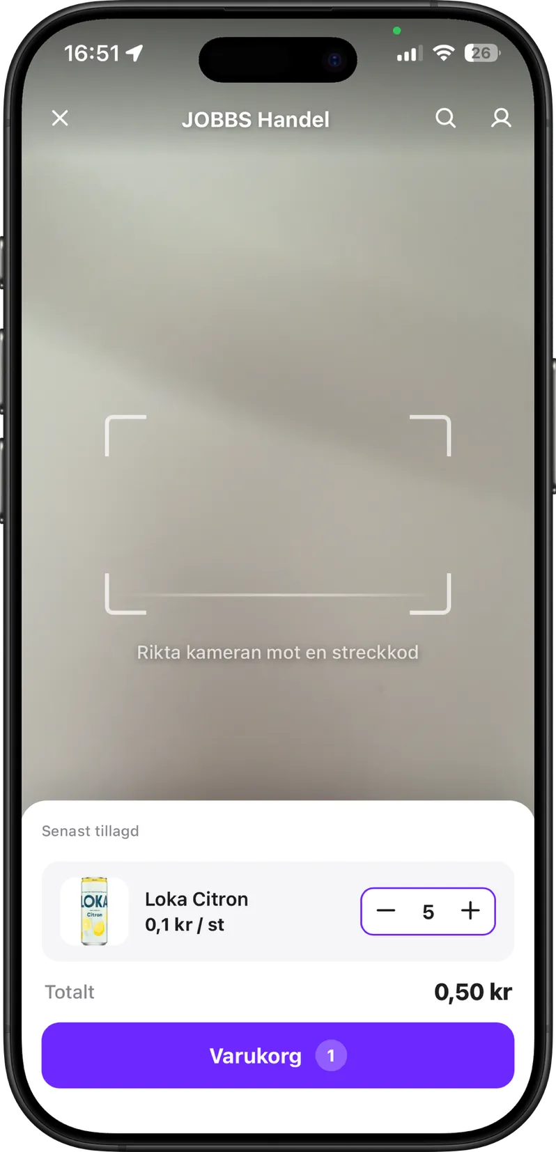 Self-scanning in the Jobbs app — the customer scans items and sees the basket